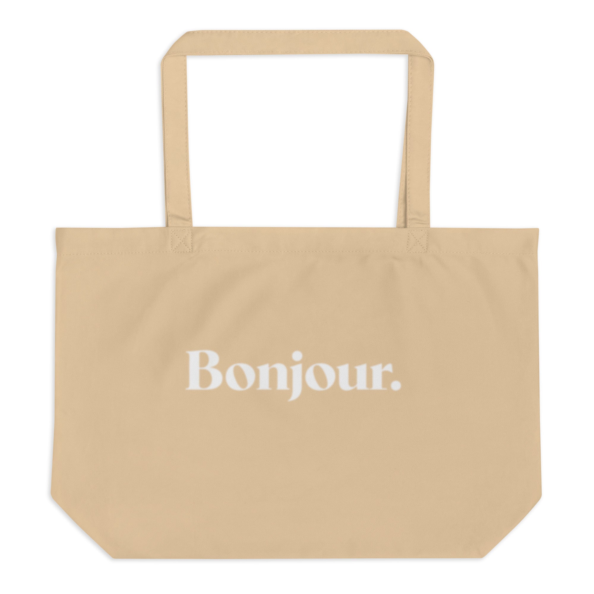product front view beige tote bag bonjour typography design streetwear fashion