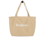product hanging beige tote bag bonjour typography design streetwear fashion