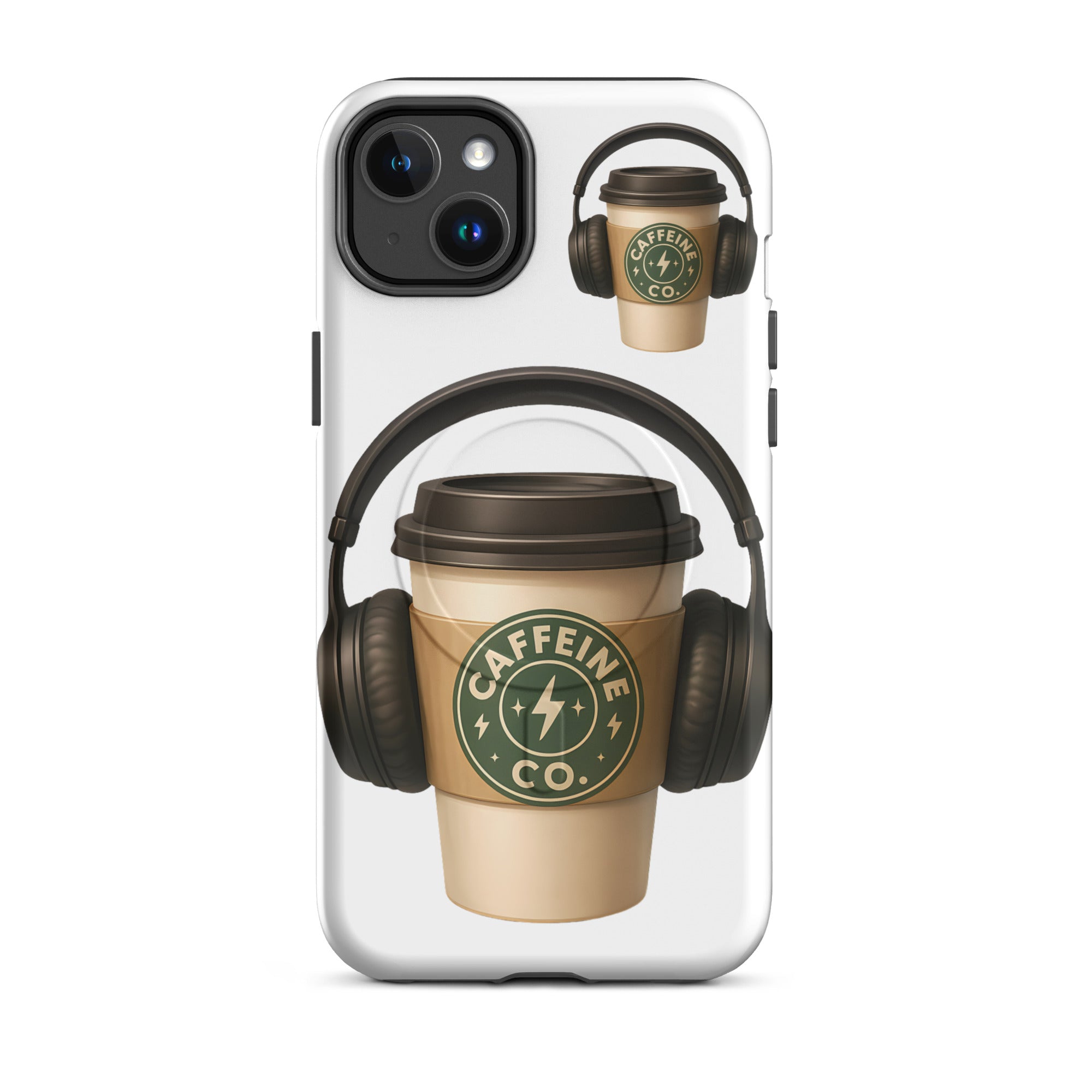 Caffeine Co MagSafe iPhone case coffee cup headphones design front view
