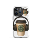 Caffeine Co MagSafe iPhone case coffee cup headphones design front view
