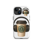 Caffeine Co MagSafe iPhone case coffee cup headphones design front view
