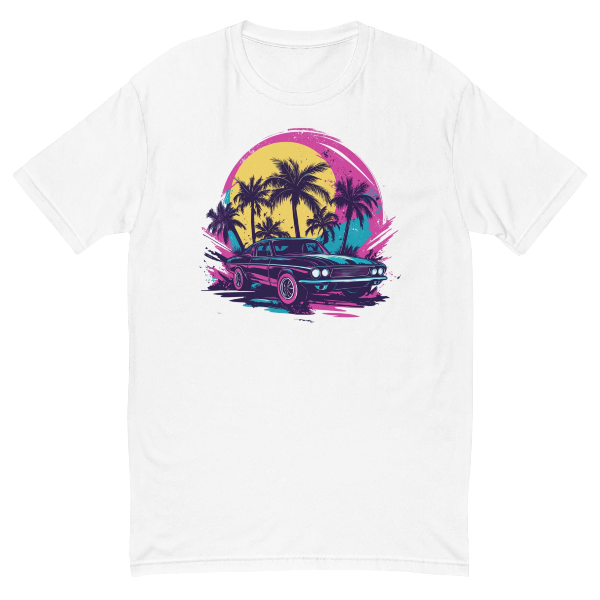 White unisex t-shirt front view with retro sunset palm tree illustration, modern streetwear tee