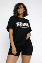 Nöiré black oversized logo t-shirt for women, styled front view