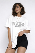 Nöiré white oversized logo t-shirt for women, front lifestyle view