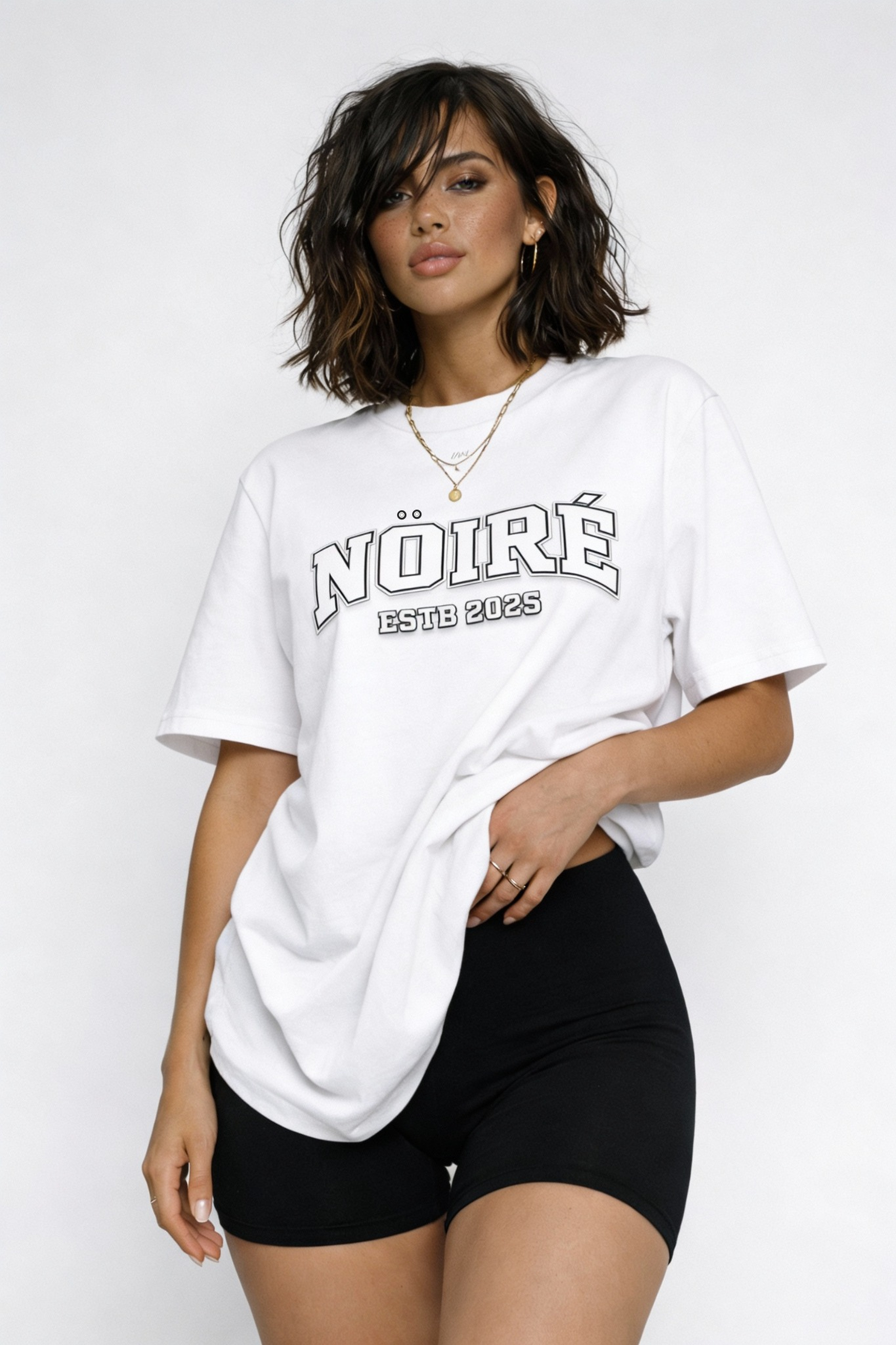 Nöiré white oversized Nöiré ESTB 2025 t-shirt for women, front view