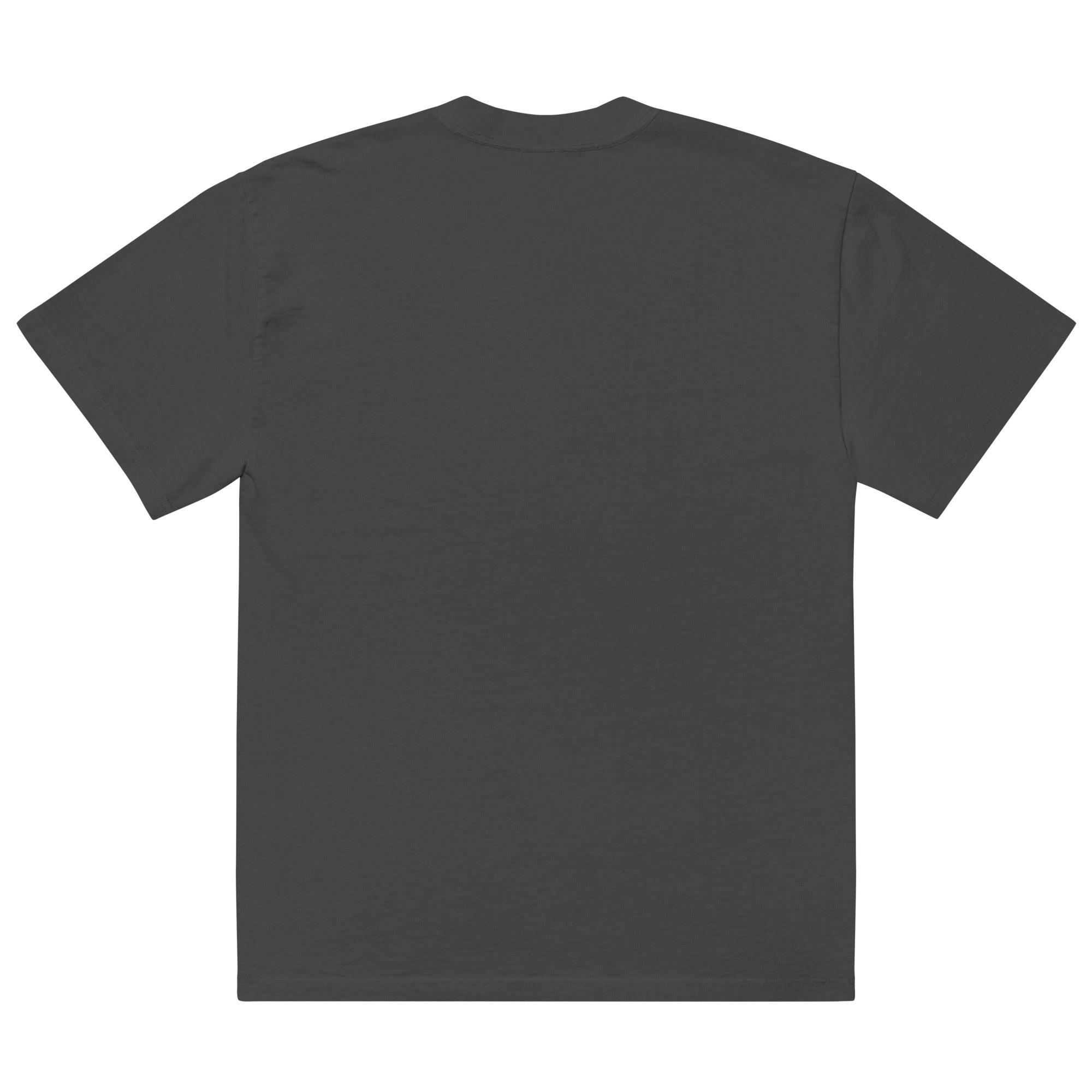 Oversized dark gray blank t-shirt front view with relaxed unisex streetwear fit.