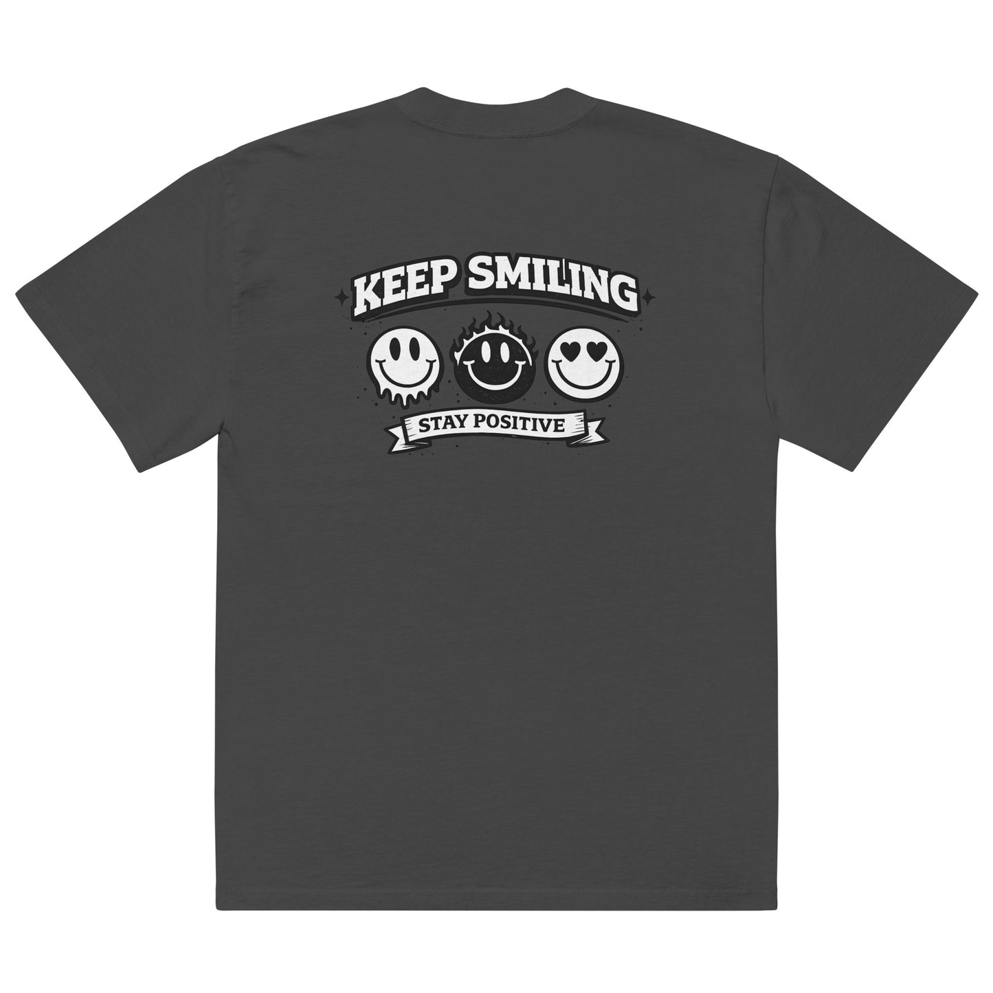 black t-shirt back view featuring large “KEEP SMILING – STAY POSITIVE” graphic with three vintage-style smiley faces in black, urban graphic design by Noiré.