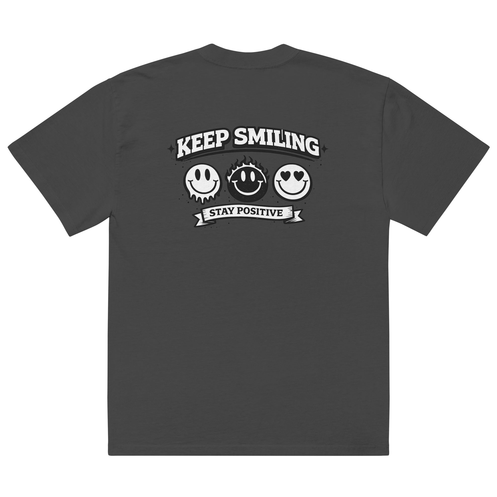 black t-shirt back view featuring large “KEEP SMILING – STAY POSITIVE” graphic with three vintage-style smiley faces in black, urban graphic design by Noiré.