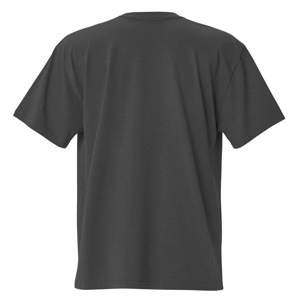Oversized dark gray t-shirt back view with clean minimal design and no print.