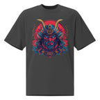 Oversized charcoal gray t-shirt with high-contrast red and blue samurai mask graphic, bold statement streetwear piece.