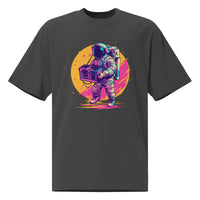 Noiré oversized graphic t-shirt in faded black with neon astronaut boombox illustration, front view