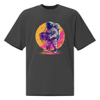 Noiré oversized graphic t-shirt in faded black with neon astronaut boombox illustration, front view