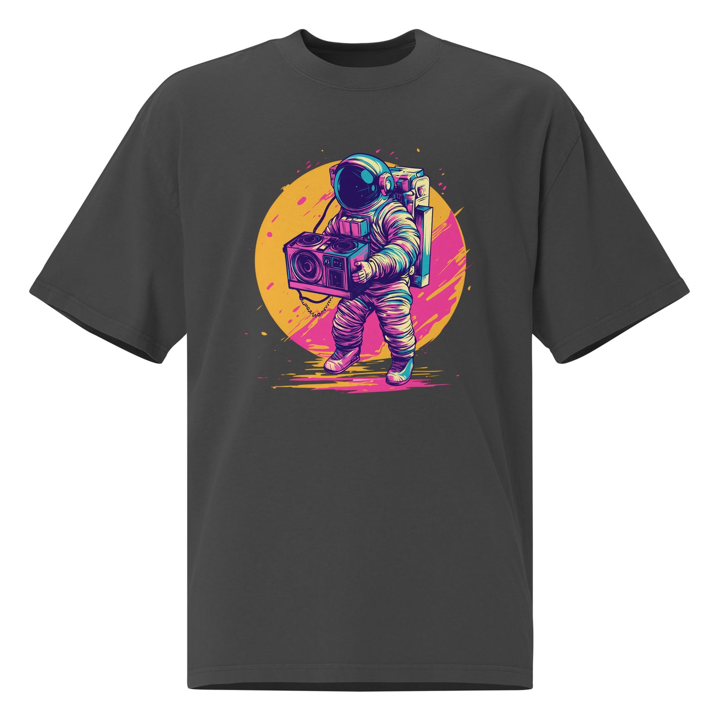 Noiré oversized graphic t-shirt in faded black with neon astronaut boombox illustration, front view
