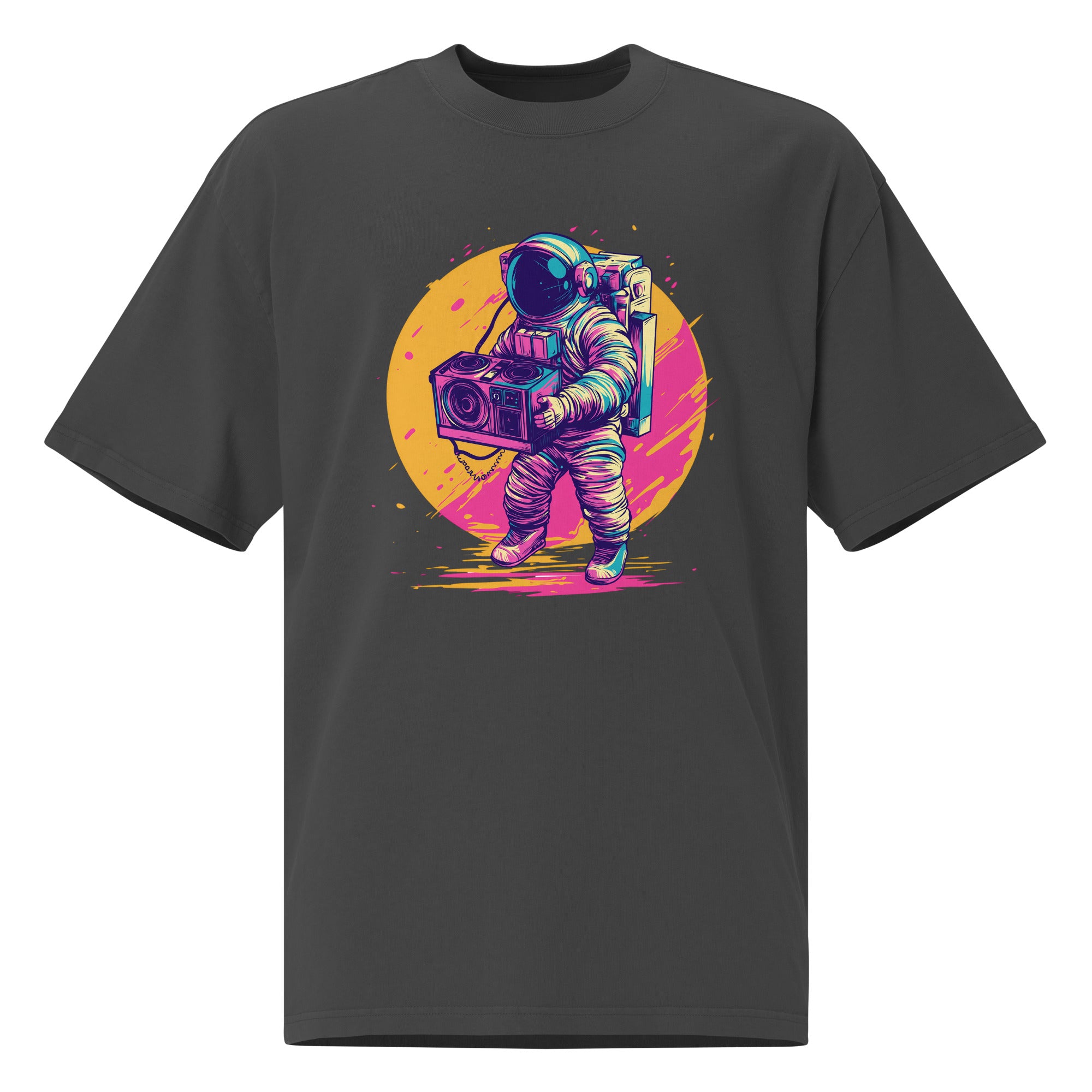 Noiré oversized graphic t-shirt in faded black with neon astronaut boombox illustration, front view