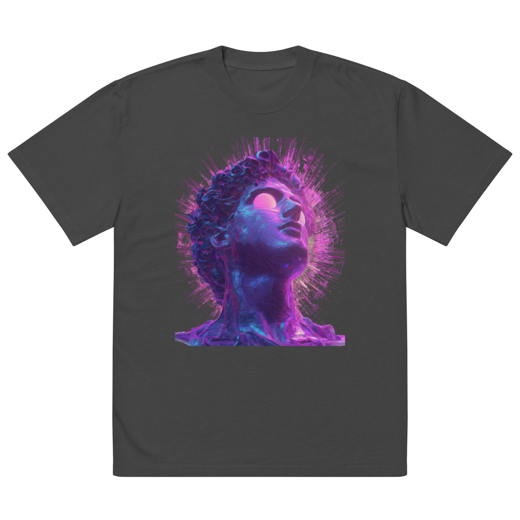 Dark grey unisex graphic streetwear t-shirt featuring futuristic neon portrait artwork, front view.