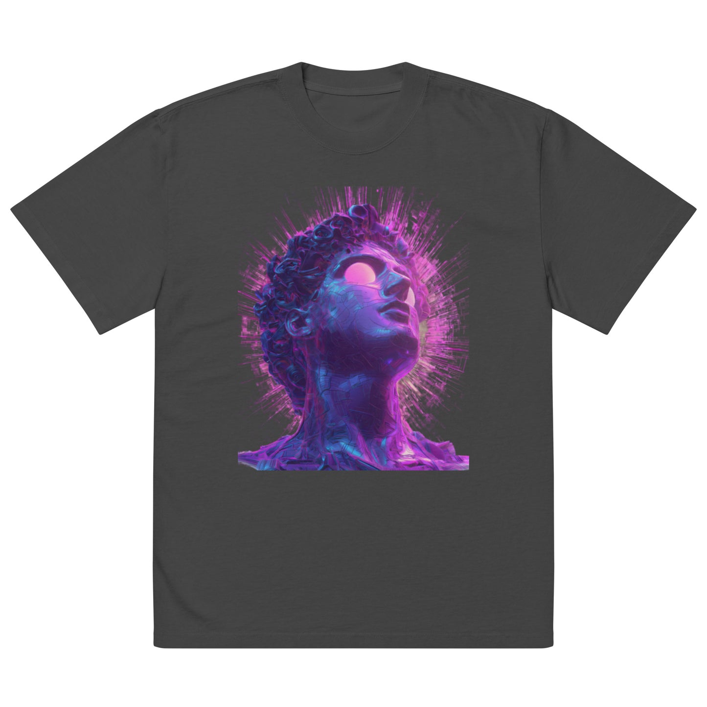 Dark grey unisex graphic streetwear t-shirt featuring futuristic neon portrait artwork, front view.
