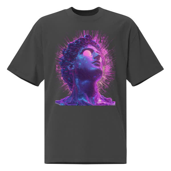 Dark grey unisex streetwear t-shirt with futuristic neon portrait graphic design, front view.