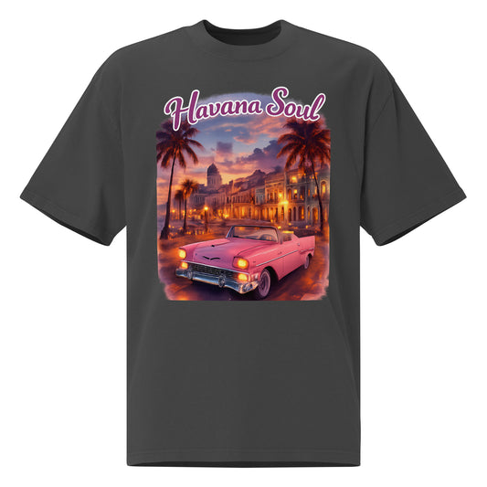 Faded black unisex t-shirt front view with “Havana Soul” vintage Havana sunset car and palm trees streetwear graphic print