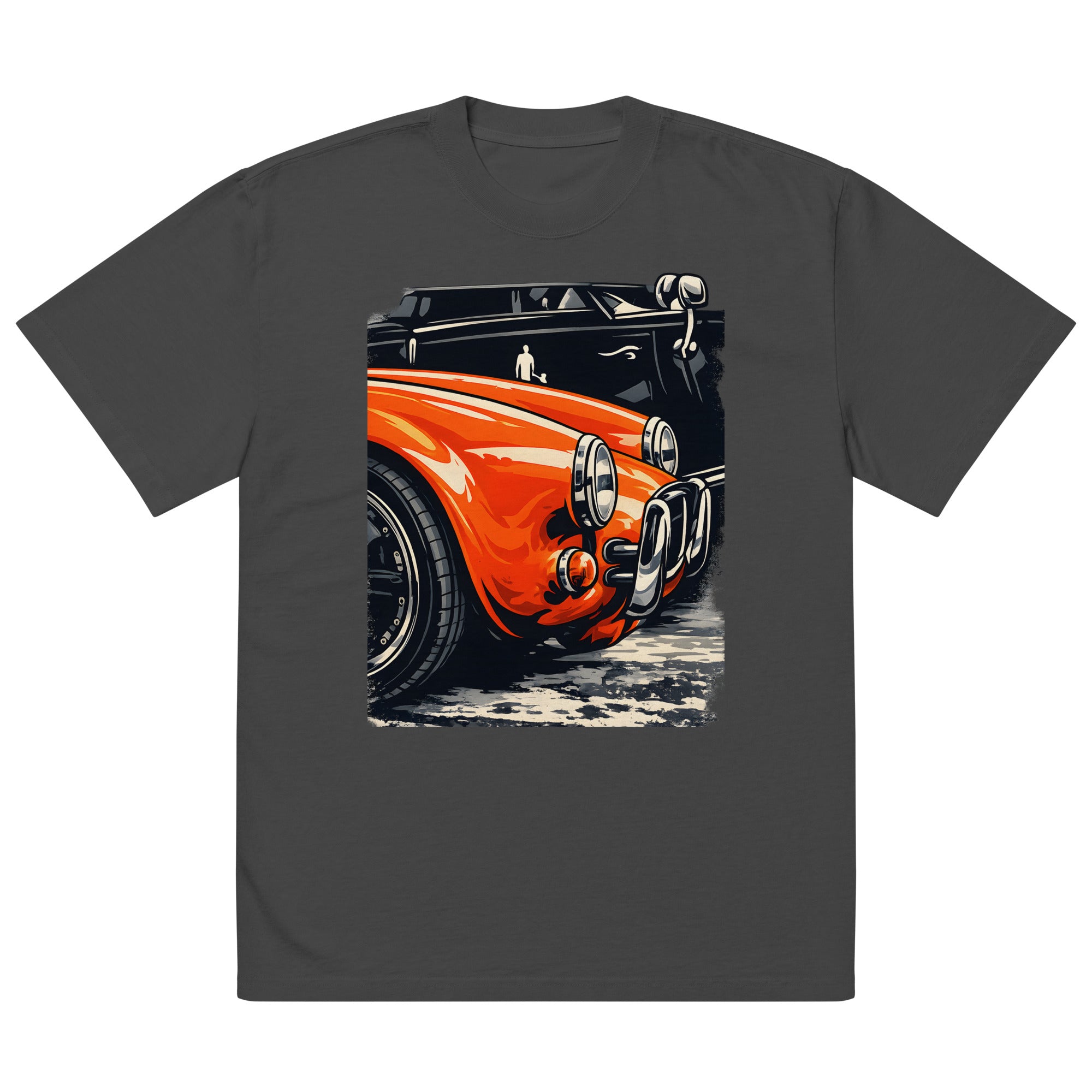 unisex streetwear t-shirt front view with vintage orange muscle car graphic print
