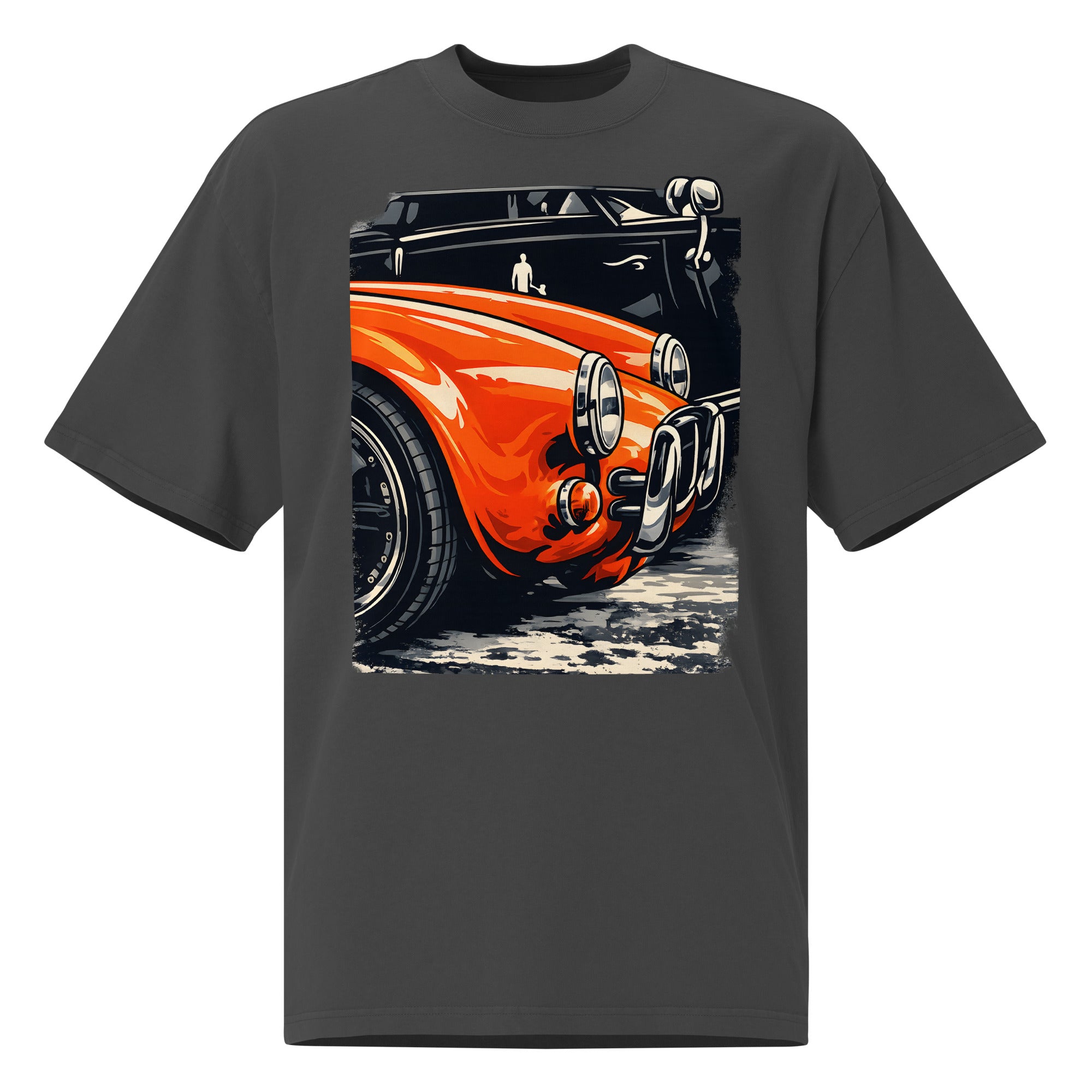 unisex streetwear t-shirt front view with vintage orange muscle car graphic print
