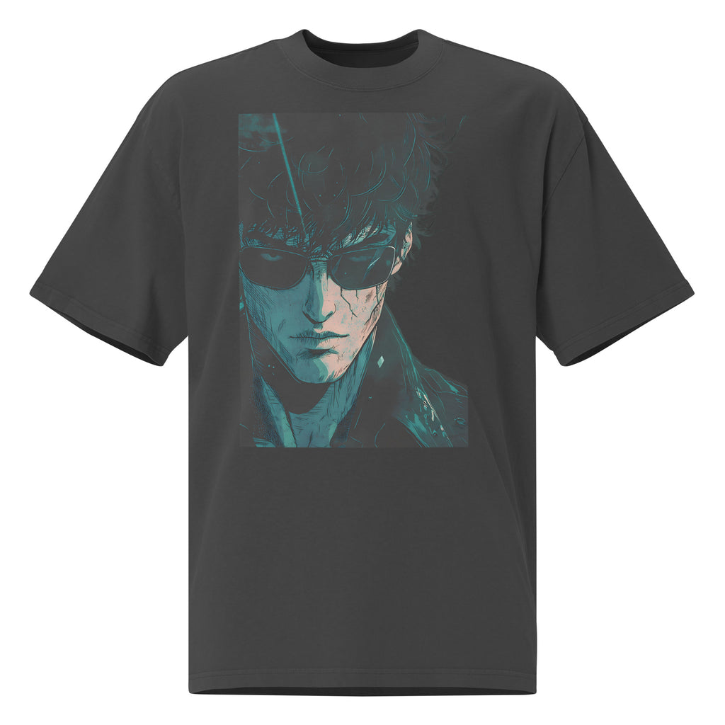Oversized dark gray graphic t-shirt featuring moody teal portrait artwork of a man in sunglasses with cinematic lighting.