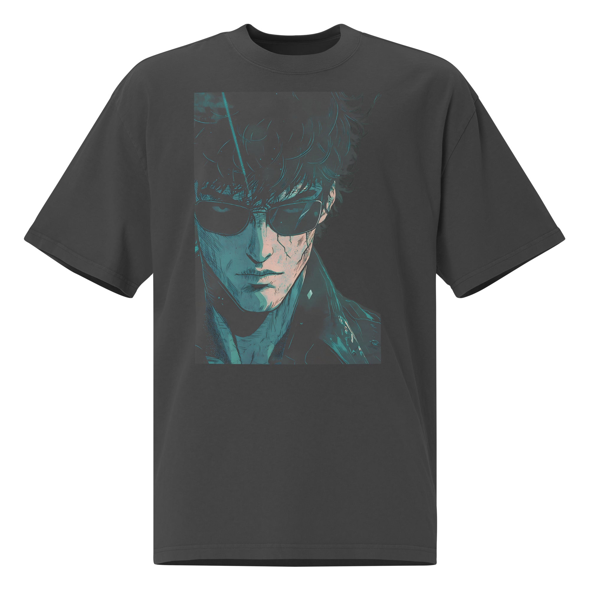 Oversized dark gray graphic t-shirt featuring moody teal portrait artwork of a man in sunglasses with cinematic lighting.
