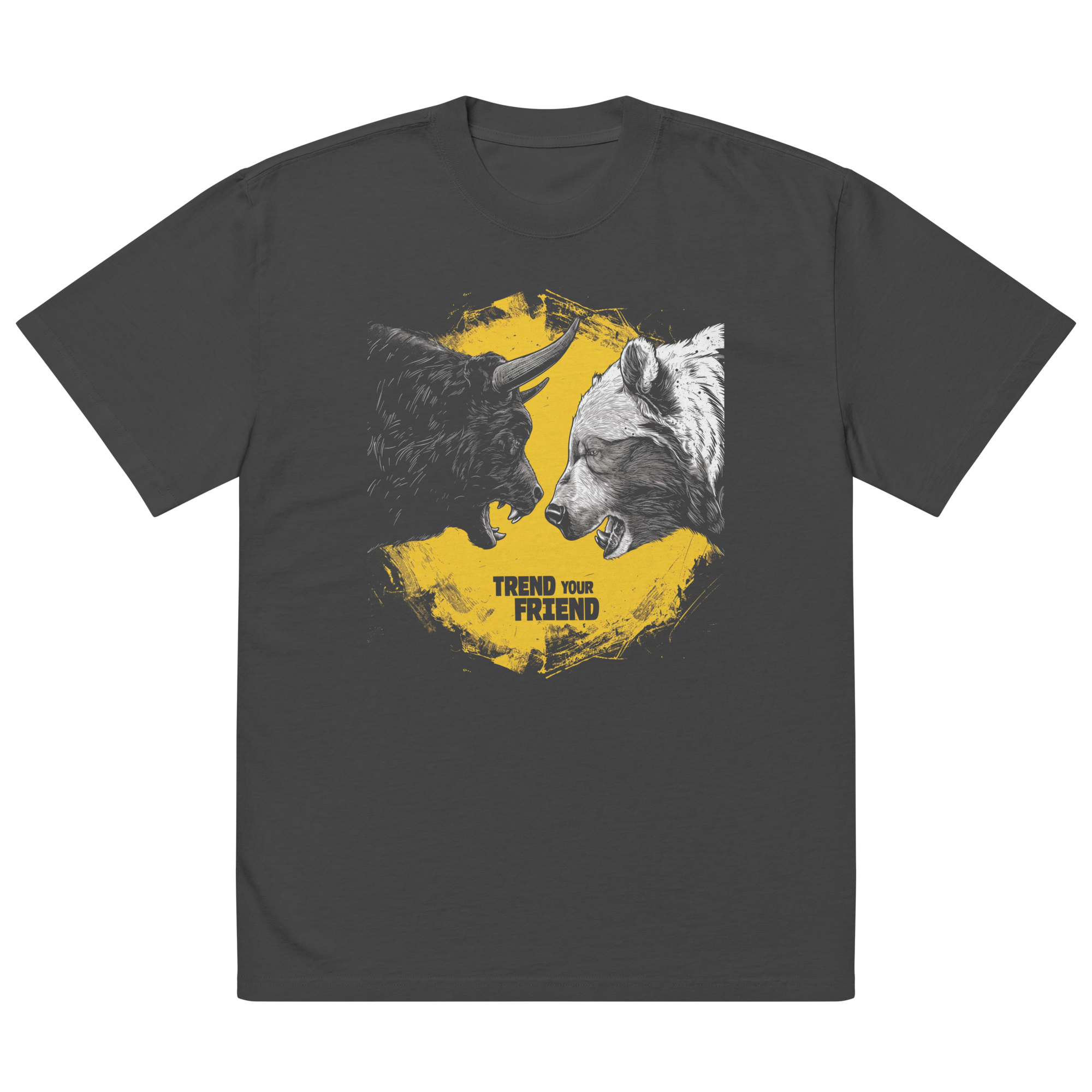 front view faded black oversized graphic streetwear t shirt bull vs bear trend your friend design streetwear fashion
