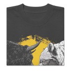 close up graphic detail faded black streetwear t shirt bull vs bear illustration trend your friend graphic streetwear design