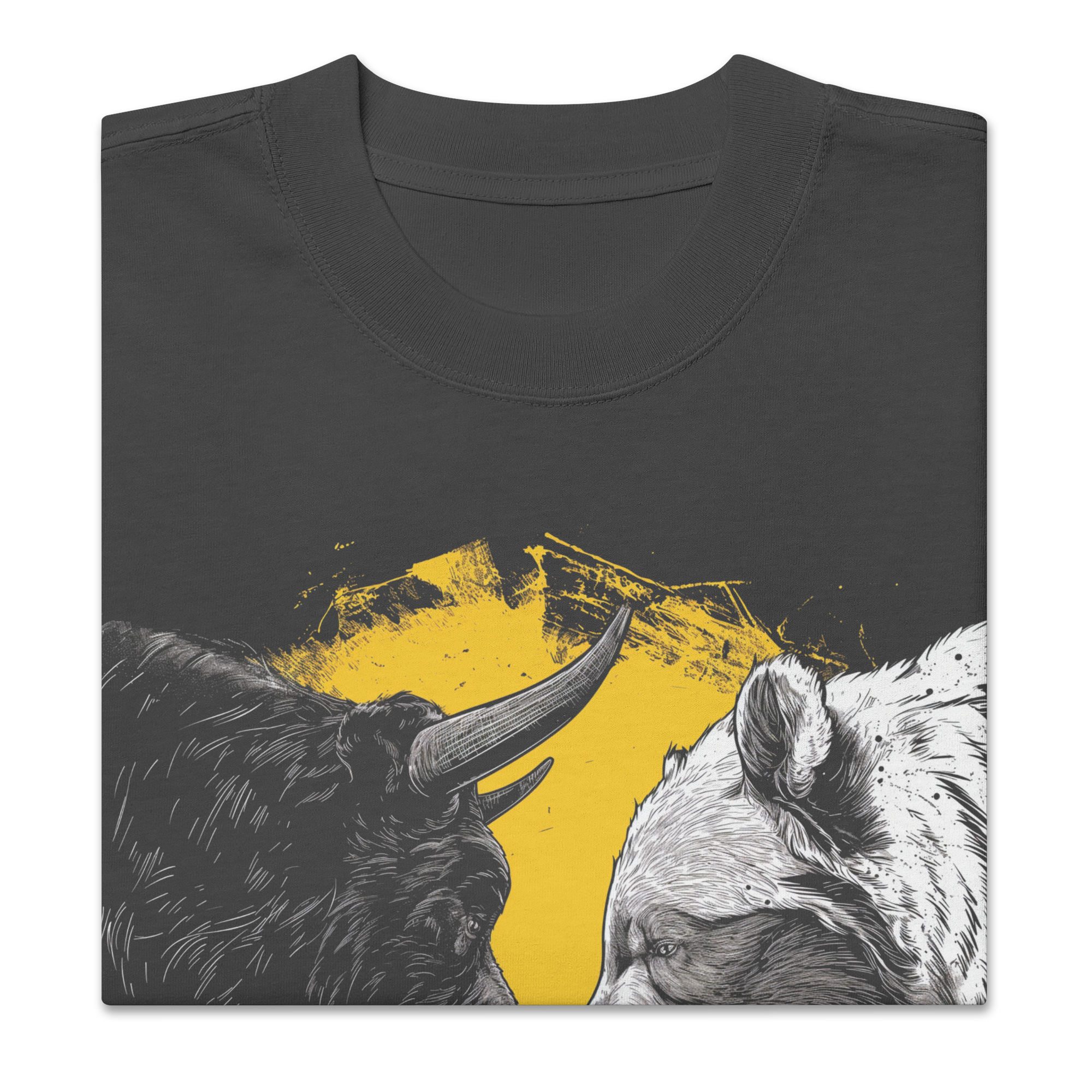close up graphic detail faded black streetwear t shirt bull vs bear illustration trend your friend graphic streetwear design