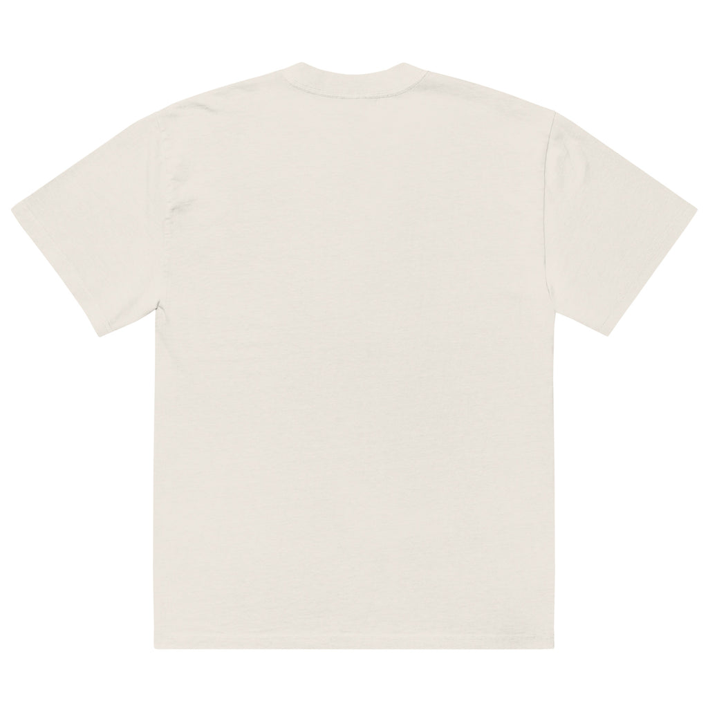Oversized beige blank t-shirt front view with minimal clean design and premium cotton look.
