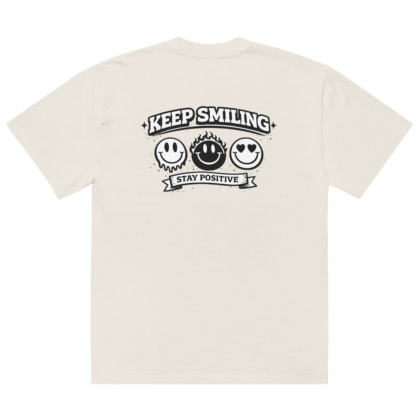 beige t-shirt back view featuring large “KEEP SMILING – STAY POSITIVE” graphic with three vintage-style smiley faces in black, urban graphic design by Noiré.