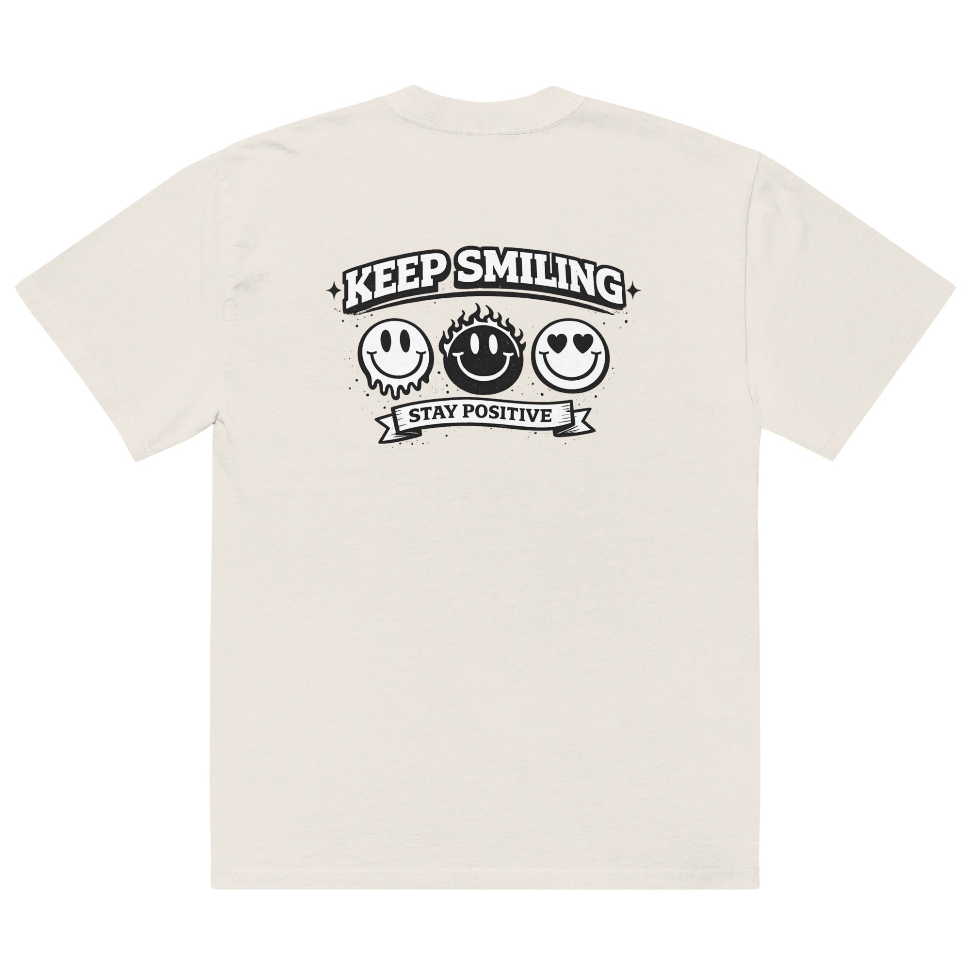 beige t-shirt back view featuring large “KEEP SMILING – STAY POSITIVE” graphic with three vintage-style smiley faces in black, urban graphic design by Noiré.