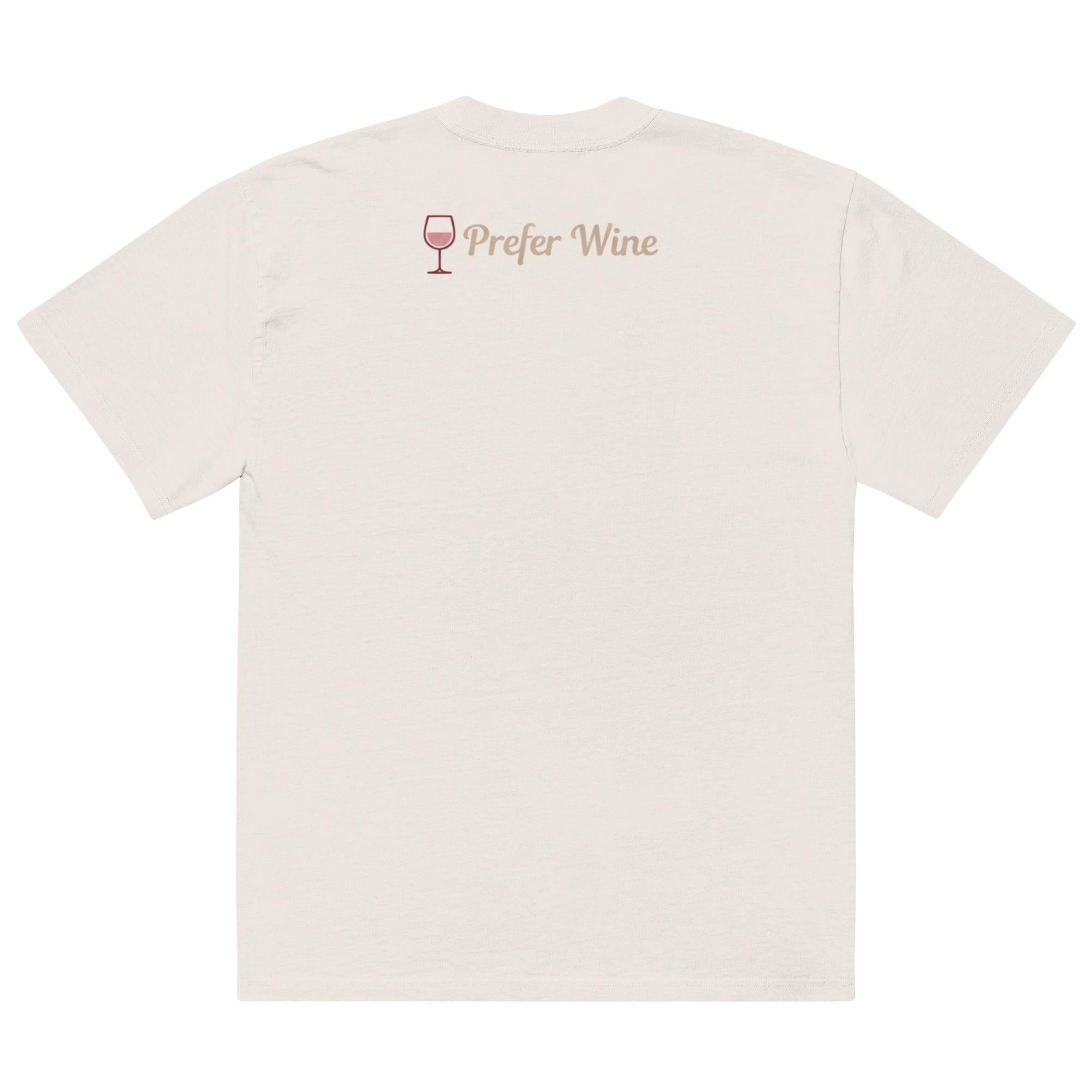Back view of faded bone t-shirt with small “Prefer Wine” text and wine glass icon printed on upper back near neckline in soft blush tones