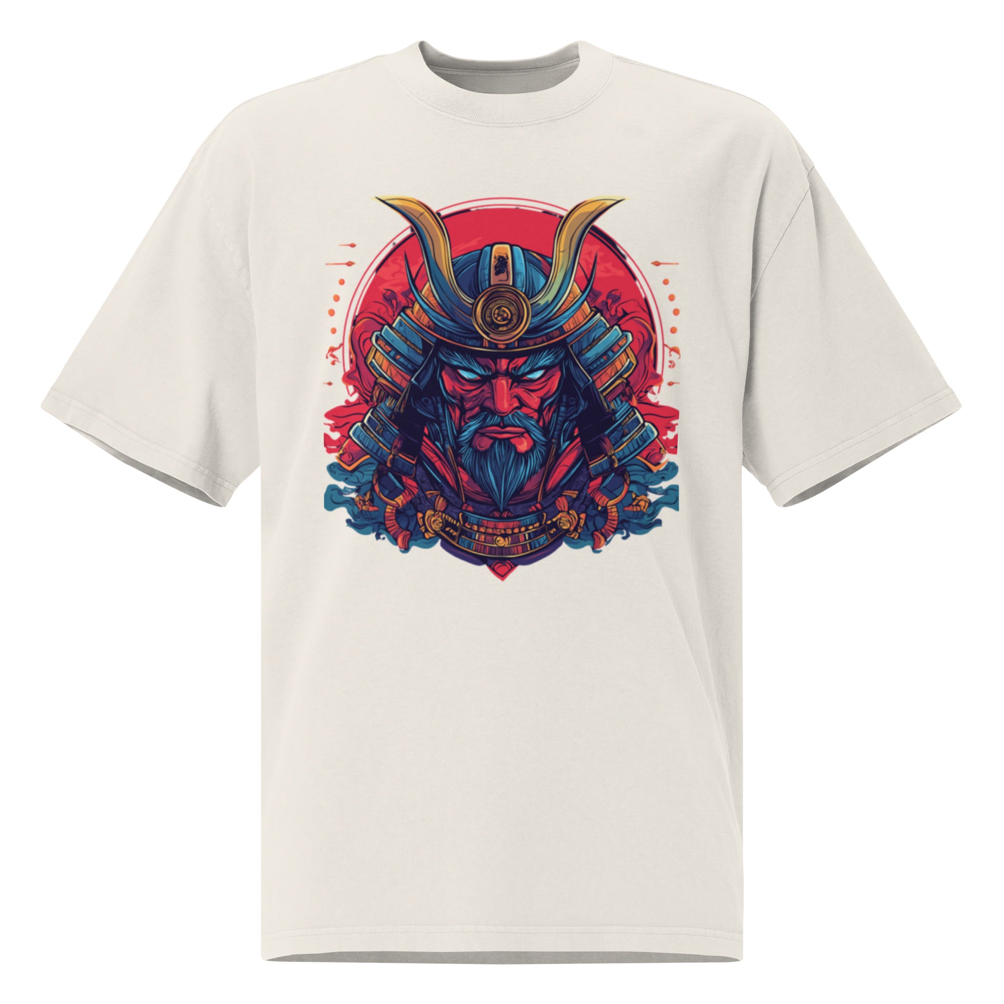 Oversized off-white graphic t-shirt featuring bold red and blue samurai mask illustration, Japanese inspired streetwear design.
