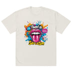 Oversized beige graphic t-shirt with vibrant “Fluent in Sarcasm” typography and pop art lips design in bright pink, blue, and yellow.