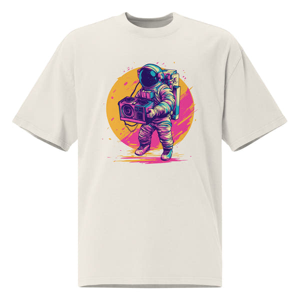 Noiré oversized graphic t-shirt in faded bone with neon astronaut boombox illustration, front view