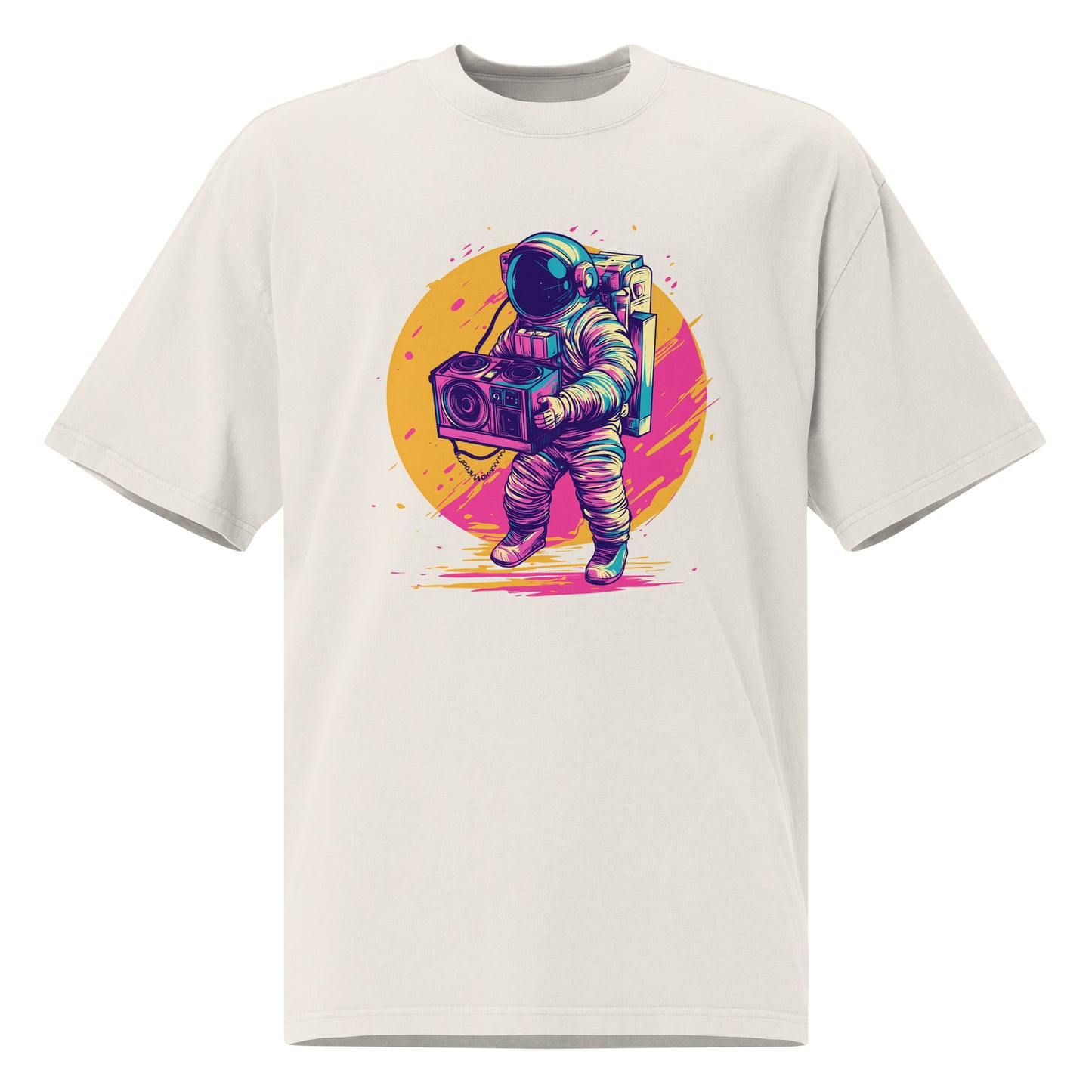 Noiré oversized graphic t-shirt in faded bone with neon astronaut boombox illustration, front view
