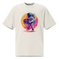 Noiré oversized graphic t-shirt in faded bone with neon astronaut boombox illustration, front view