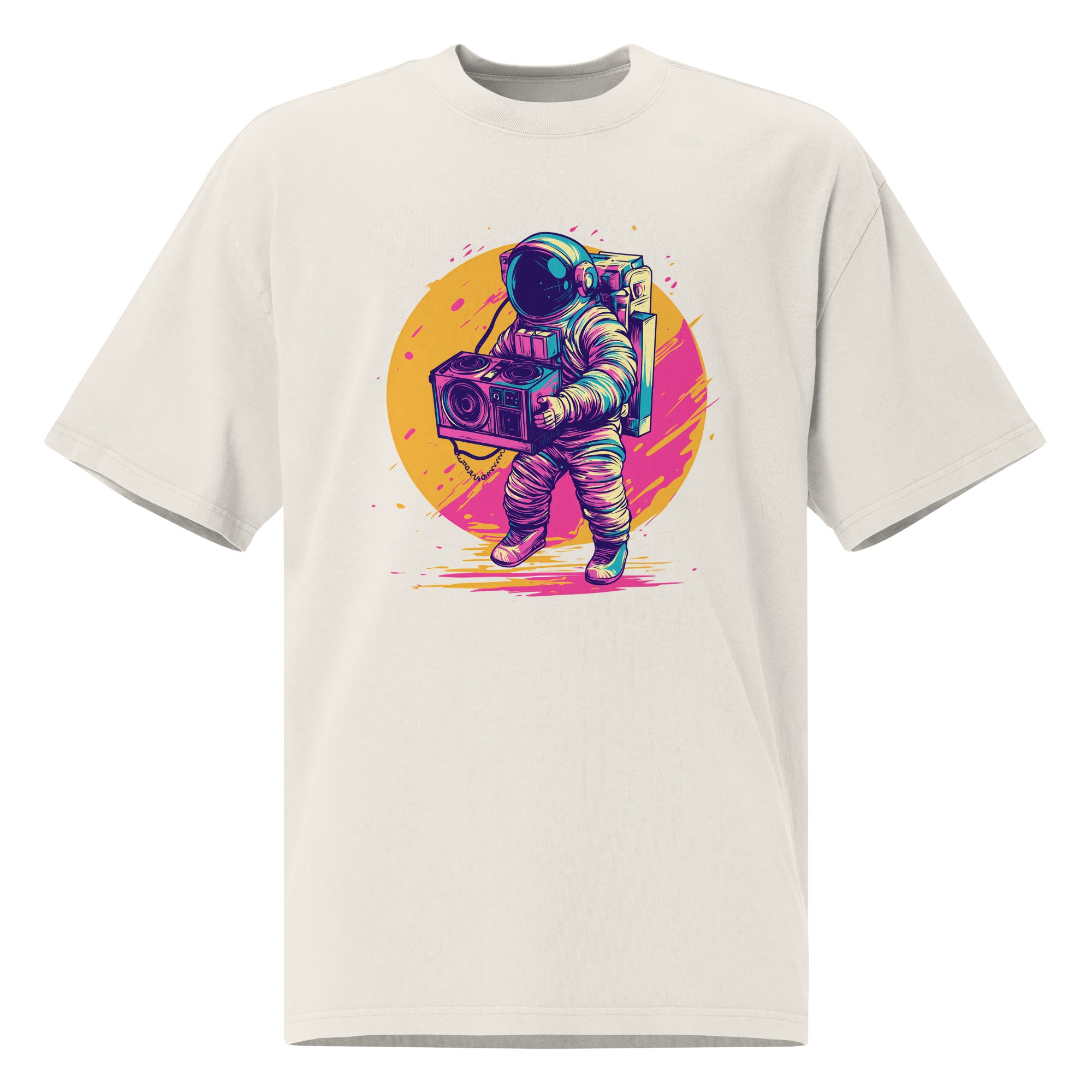 Noiré oversized graphic t-shirt in faded bone with neon astronaut boombox illustration, front view