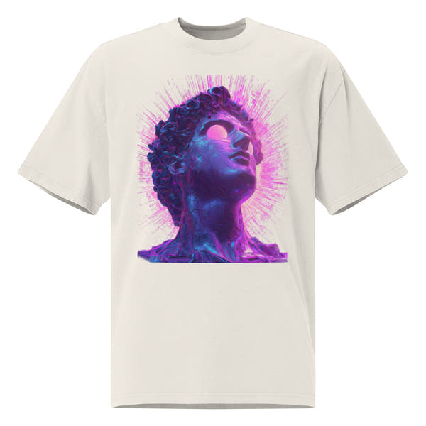Bone unisex streetwear t-shirt with futuristic neon portrait graphic design, front view.