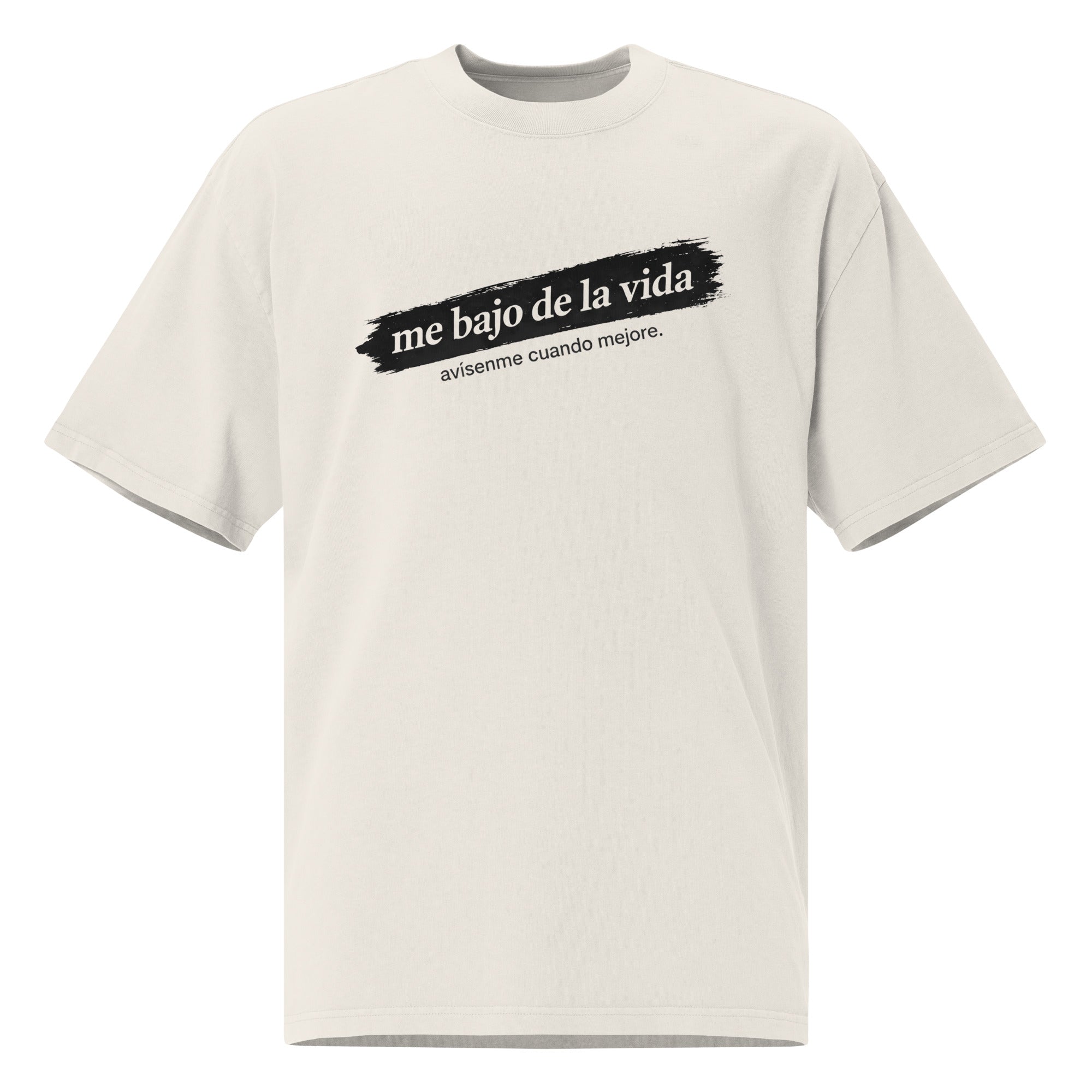Off - white unisex t-shirt front view with minimalist typographic design, clean streetwear style