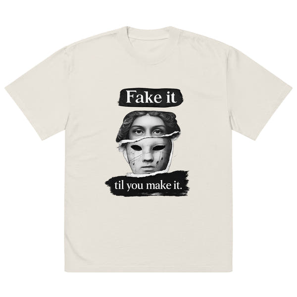 Beige unisex t-shirt front view with bold illustrated face print and motivational slogan, contemporary streetwear style
