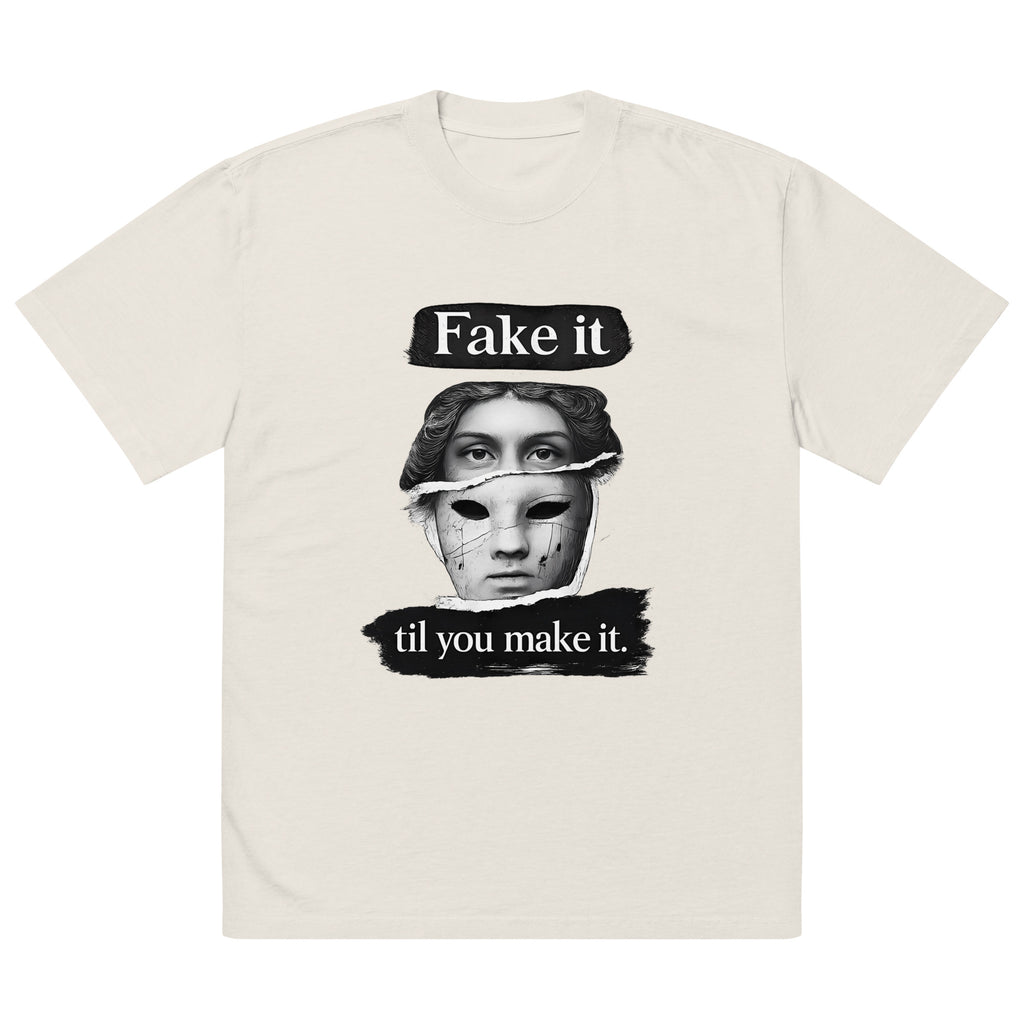 Beige unisex t-shirt front view with bold illustrated face print and motivational slogan, contemporary streetwear style