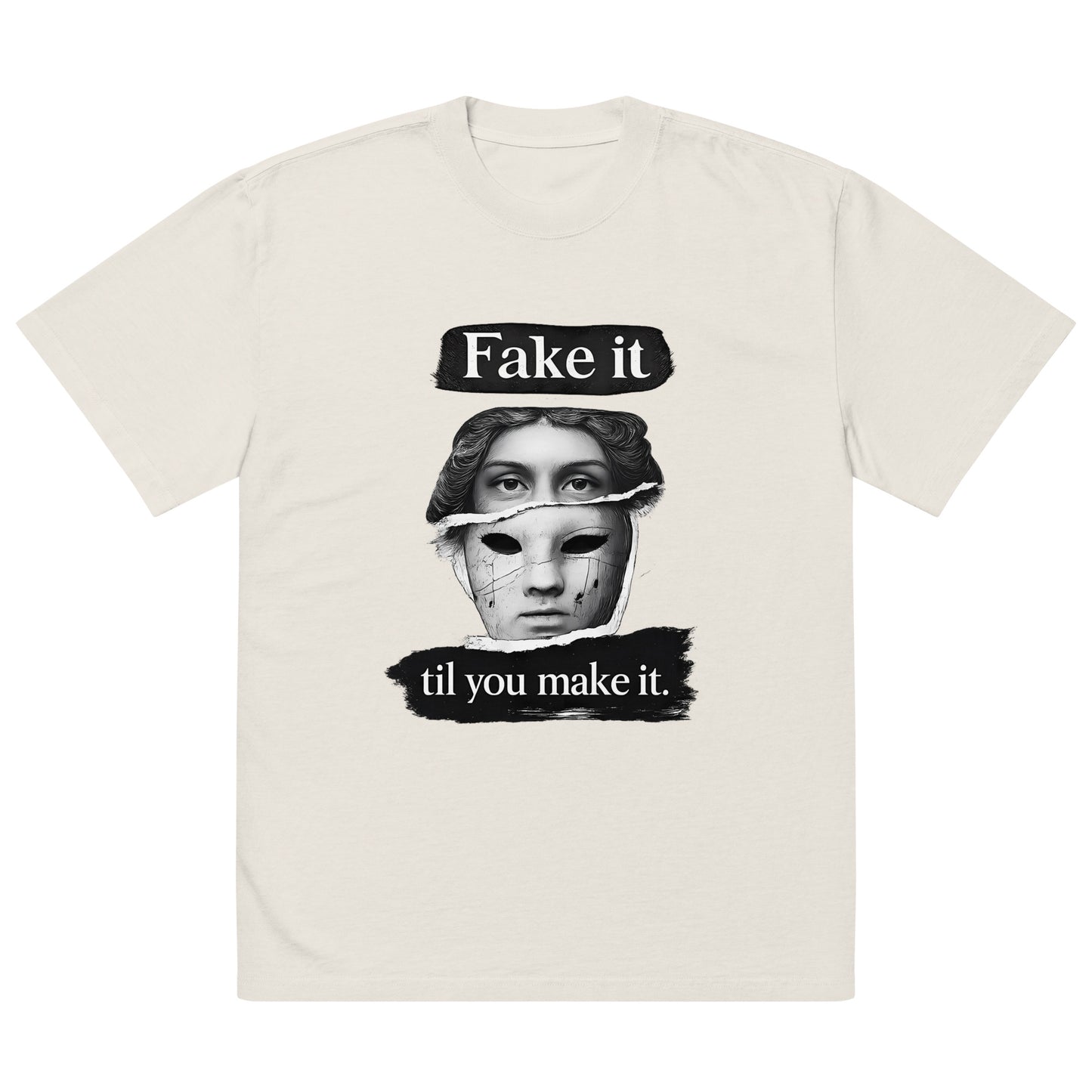 Beige unisex t-shirt front view with bold illustrated face print and motivational slogan, contemporary streetwear style