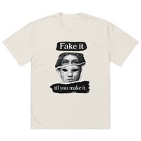 Beige unisex t-shirt front view with bold illustrated face print and motivational slogan, contemporary streetwear style