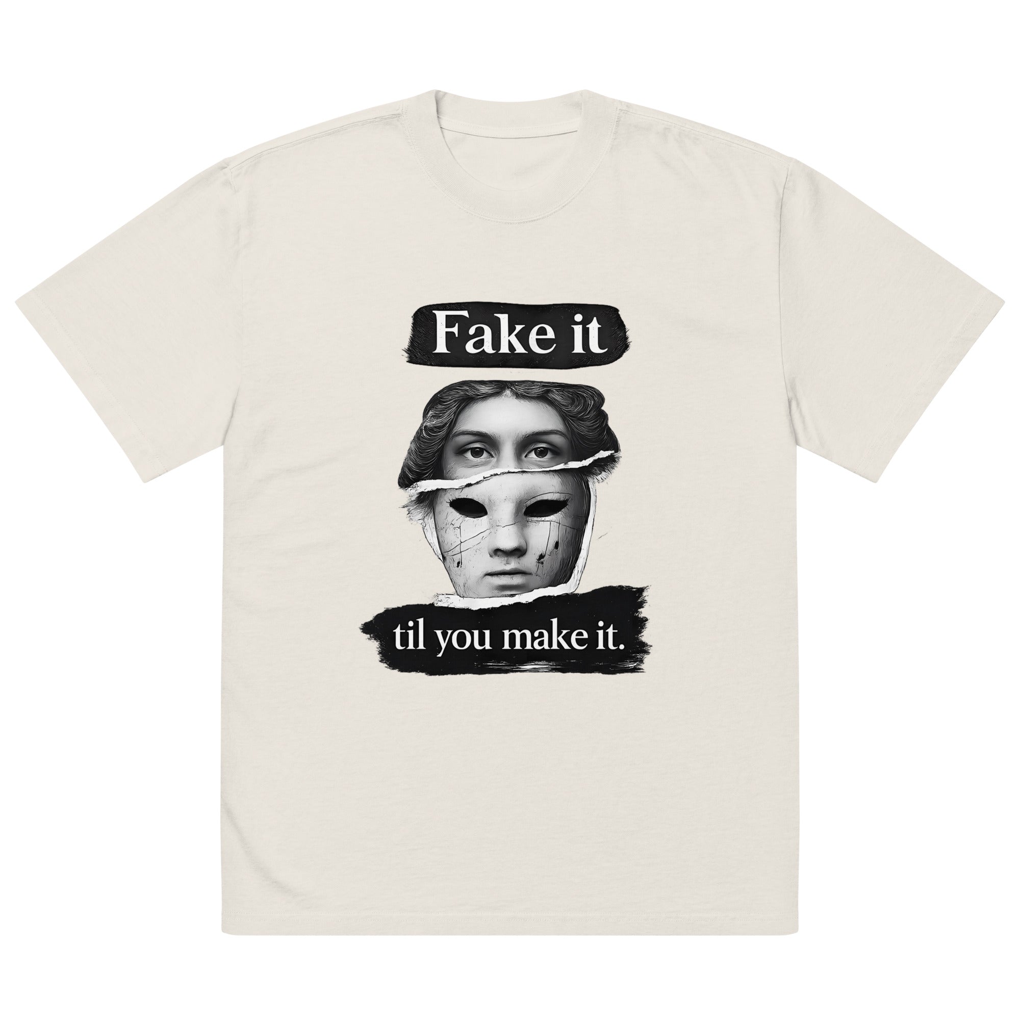 Beige unisex t-shirt front view with bold illustrated face print and motivational slogan, contemporary streetwear style