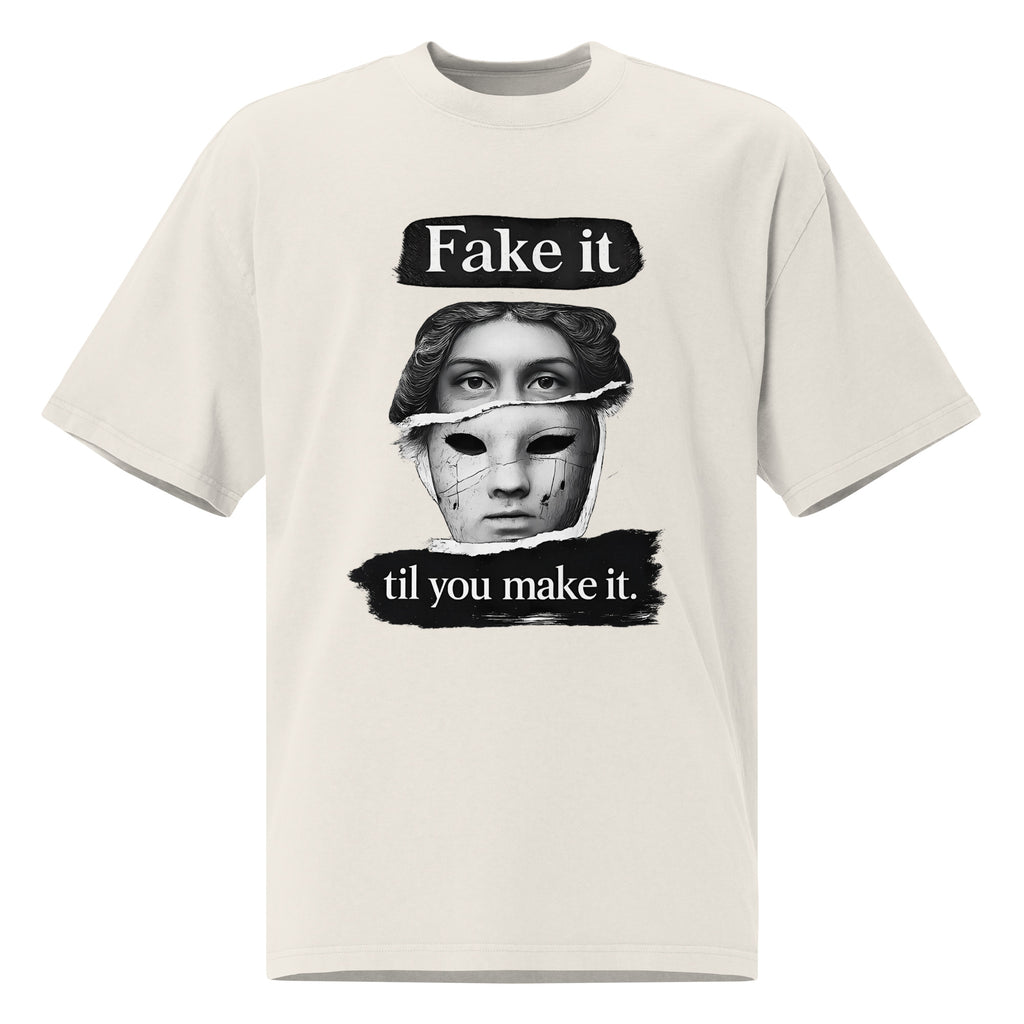 Faded Beige unisex t-shirt front view with bold illustrated face print and motivational slogan, contemporary streetwear style