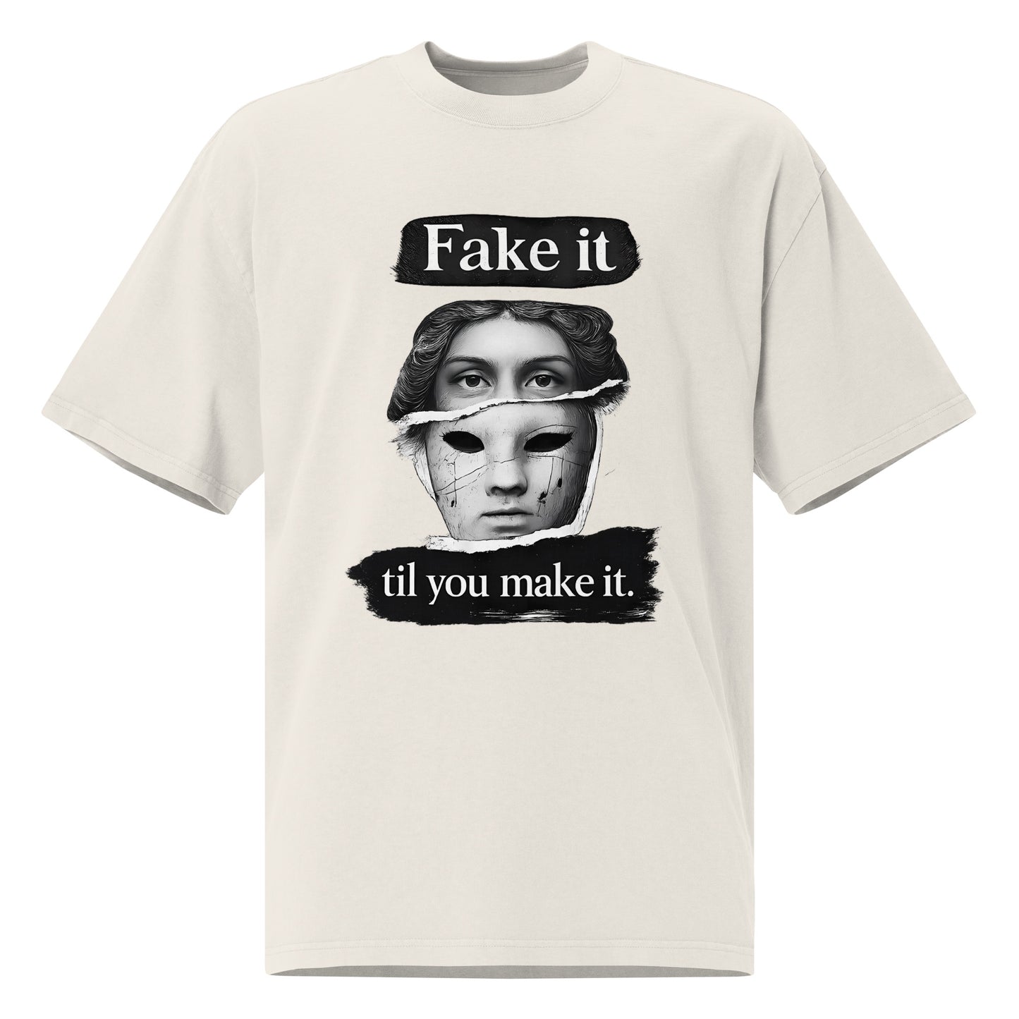 Faded Beige unisex t-shirt front view with bold illustrated face print and motivational slogan, contemporary streetwear style