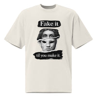 Faded Beige unisex t-shirt front view with bold illustrated face print and motivational slogan, contemporary streetwear style