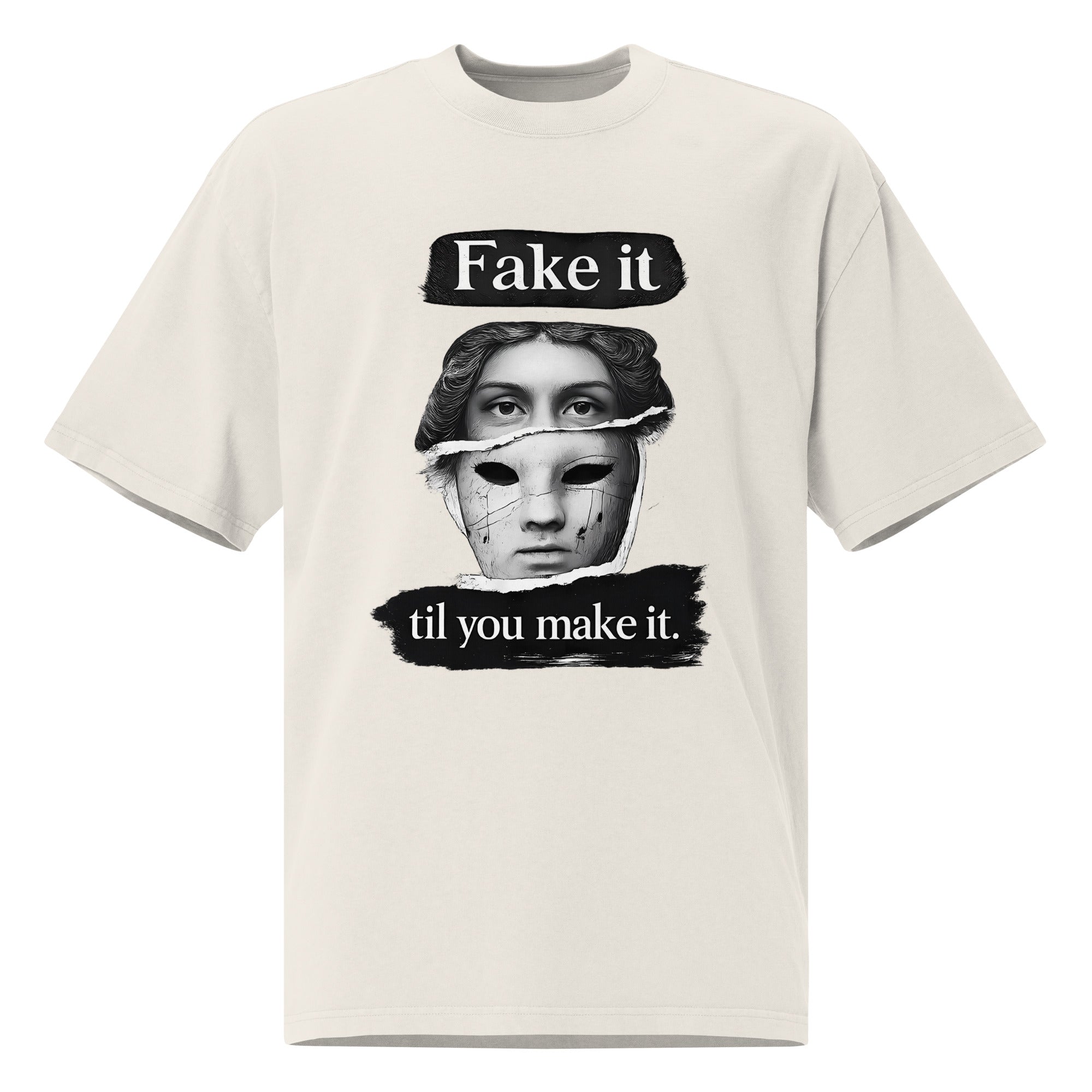 Faded Beige unisex t-shirt front view with bold illustrated face print and motivational slogan, contemporary streetwear style